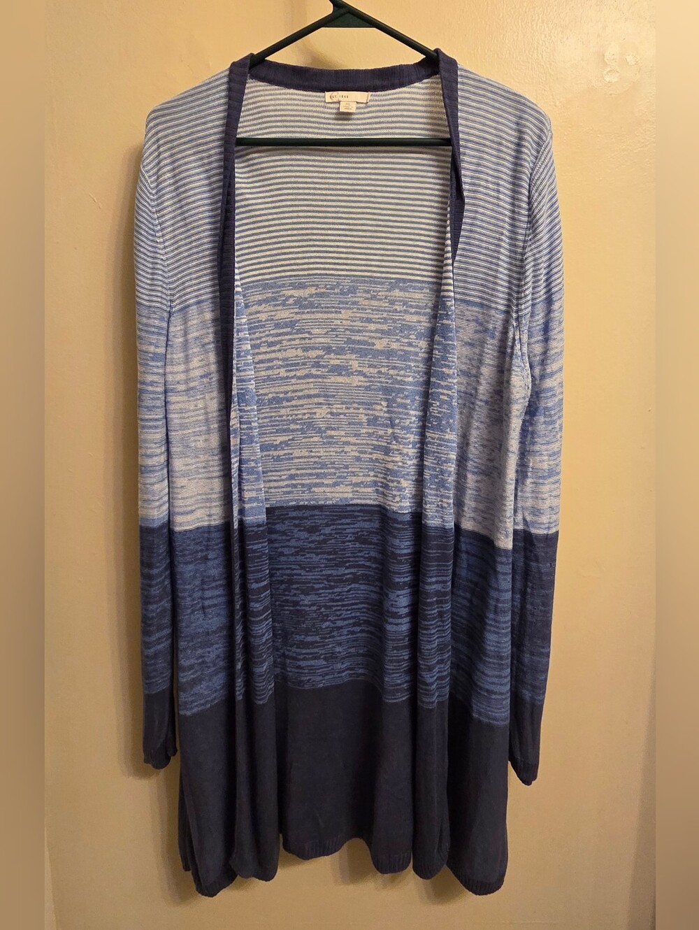Est 1946 Blue Ombre Striped Longline Cardigan Sweater Boho XL Open Front Knit